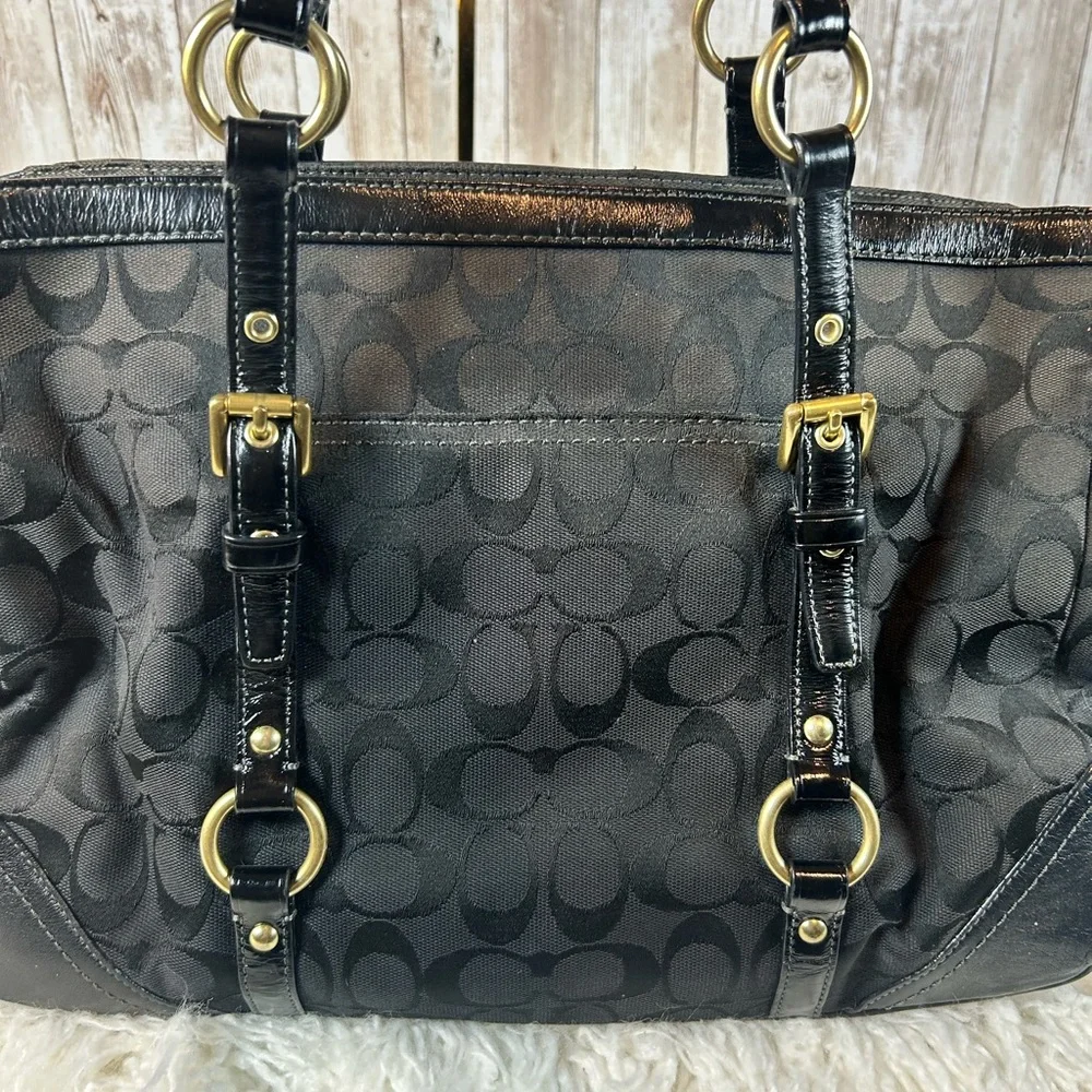 Vintage Coach Black Signature Monogram Shoulder Bag Purse Double Strap Jacquard - Picture 7 of 9